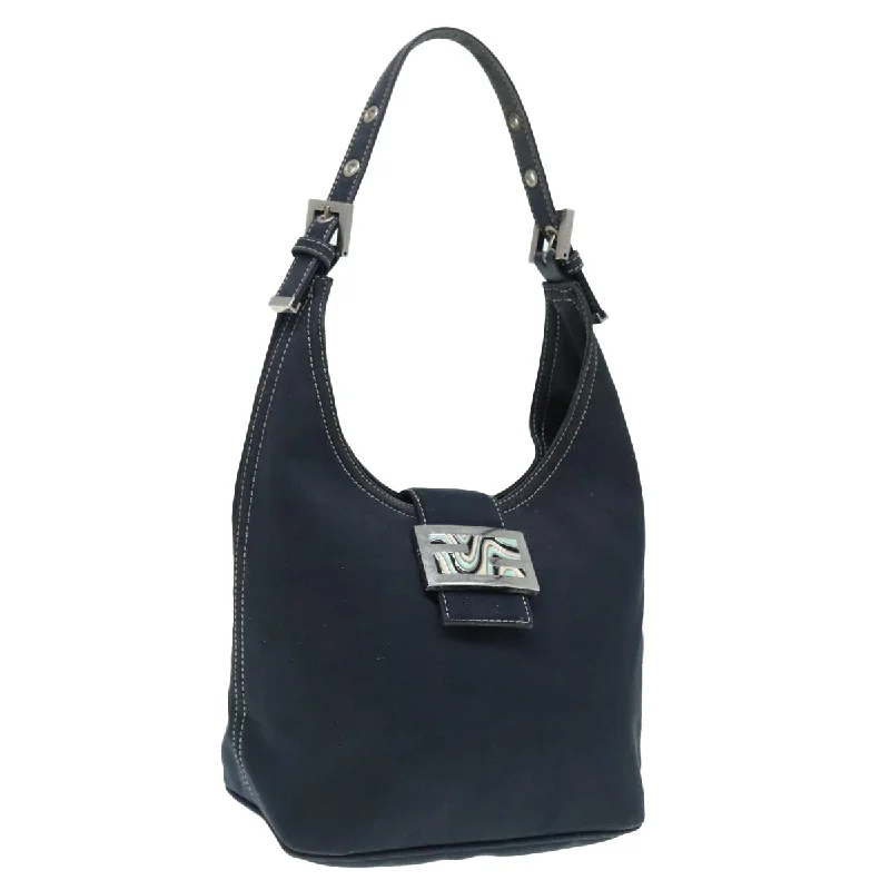 FENDI Mamma Baguette Shoulder Bag Canvas Navy Silver  88583