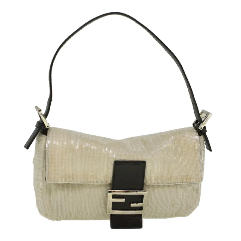 FENDI Mamma Baguette Shoulder Bag Beads Leather White  57833