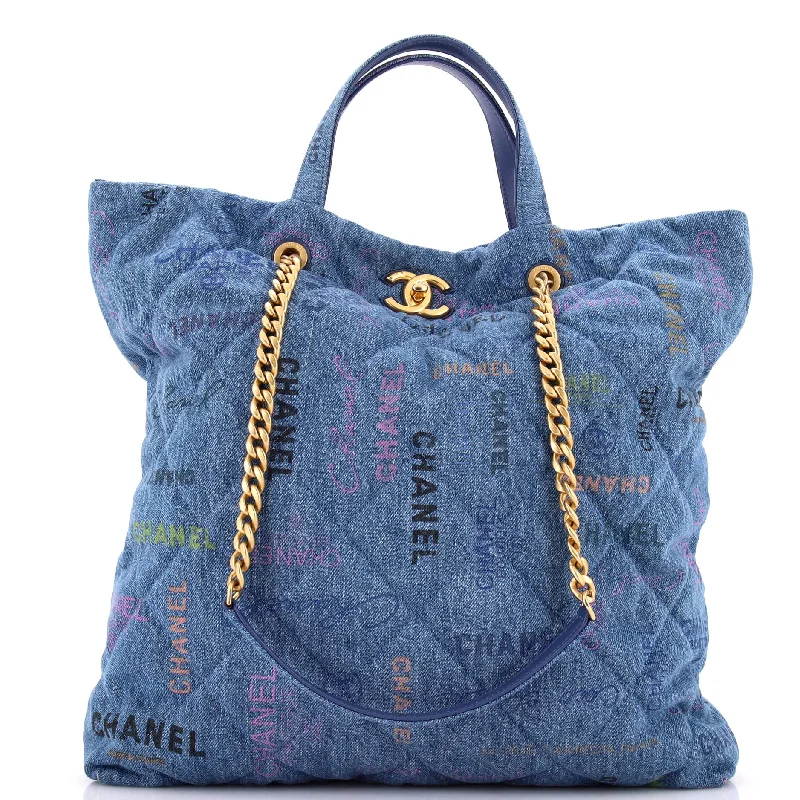 Denim Mood Shopping Tote Logo Printed Quilted Denim Maxi