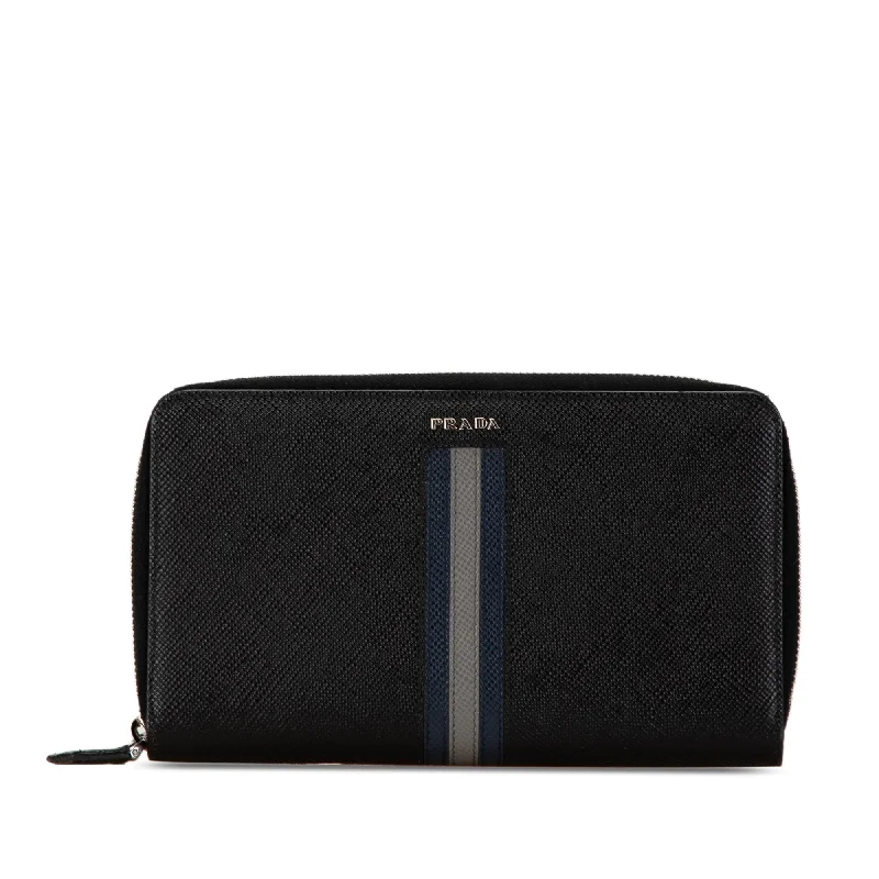 Black Prada Saffiano Stripe Zip Around Wallet