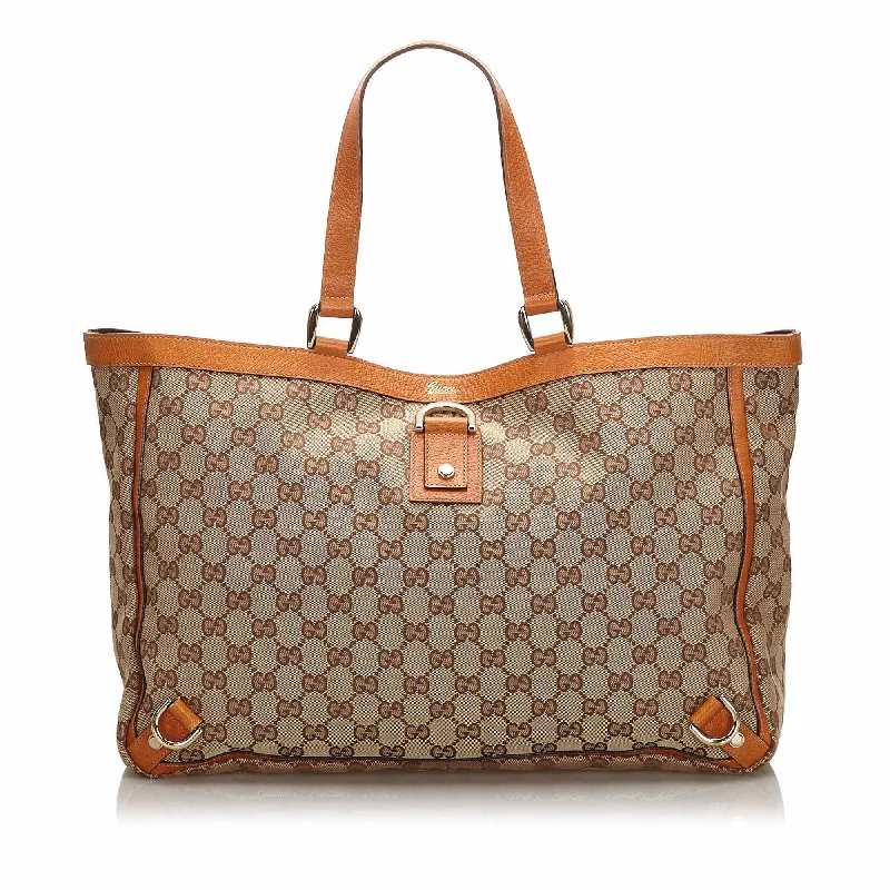 Gucci Brown Beige Canvas Fabric GG Abbey D Ring Tote Bag Italy