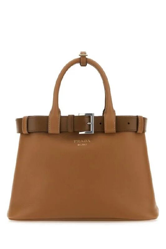 Prada Woman Caramel Leather Prada Buckle Medium Handbag