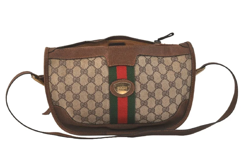 Authentic GUCCI Web Sherry Line Shoulder Bag GG PVC Leather Brown Junk 3437K