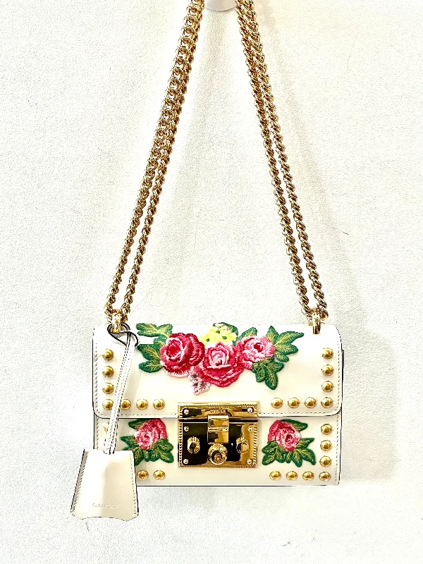 GUCCI CALFSKIN FLORAL EMBROIDERED SMALL PADLOCK SHOULDER BAG