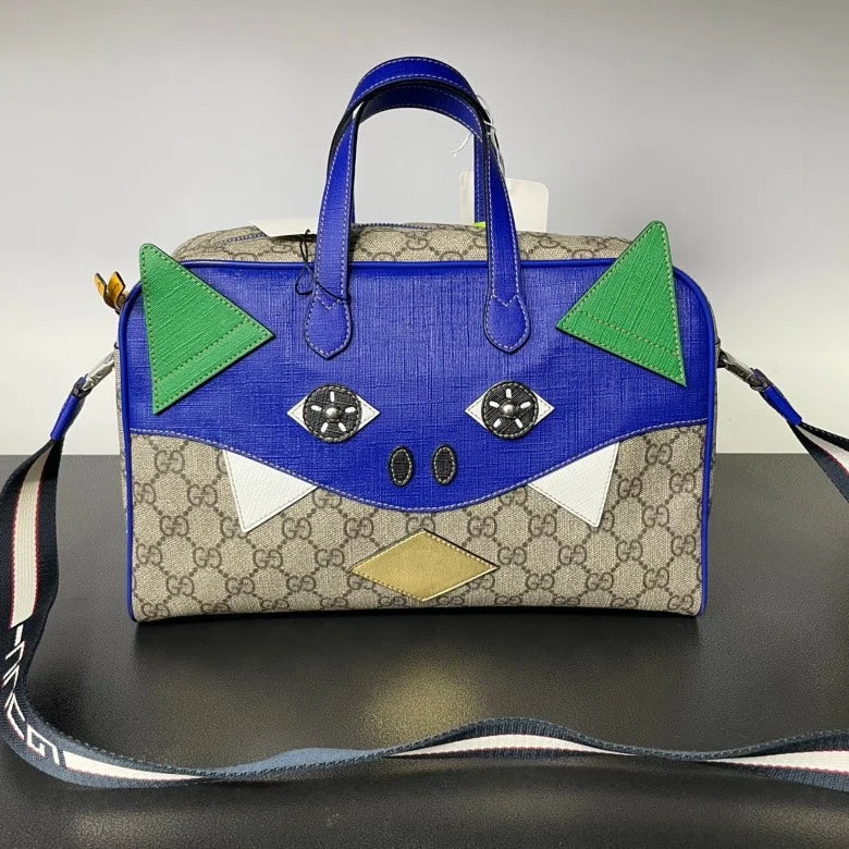 Gucci Blue Beige Monogram Canvas Monster Bag Medium