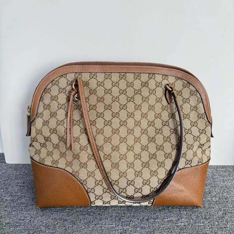 Gucci Beige Ebony GG Canvas Tan Leather Sukey Large Tote Bag