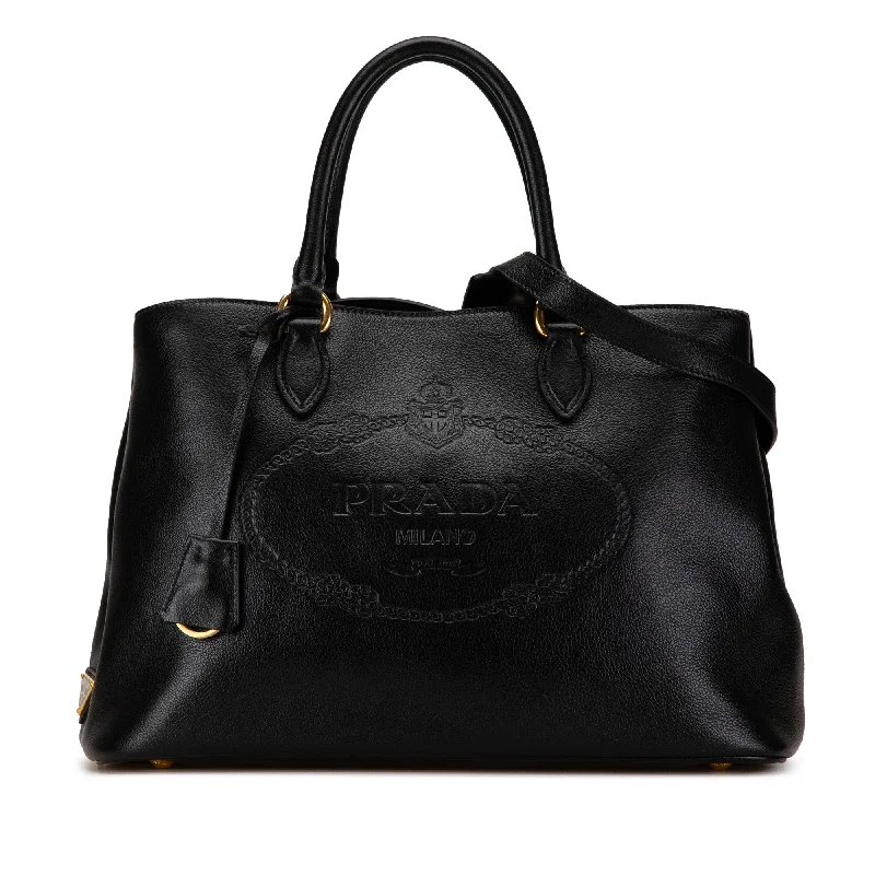 Black Prada Glace Calf Embossed Logo Satchel