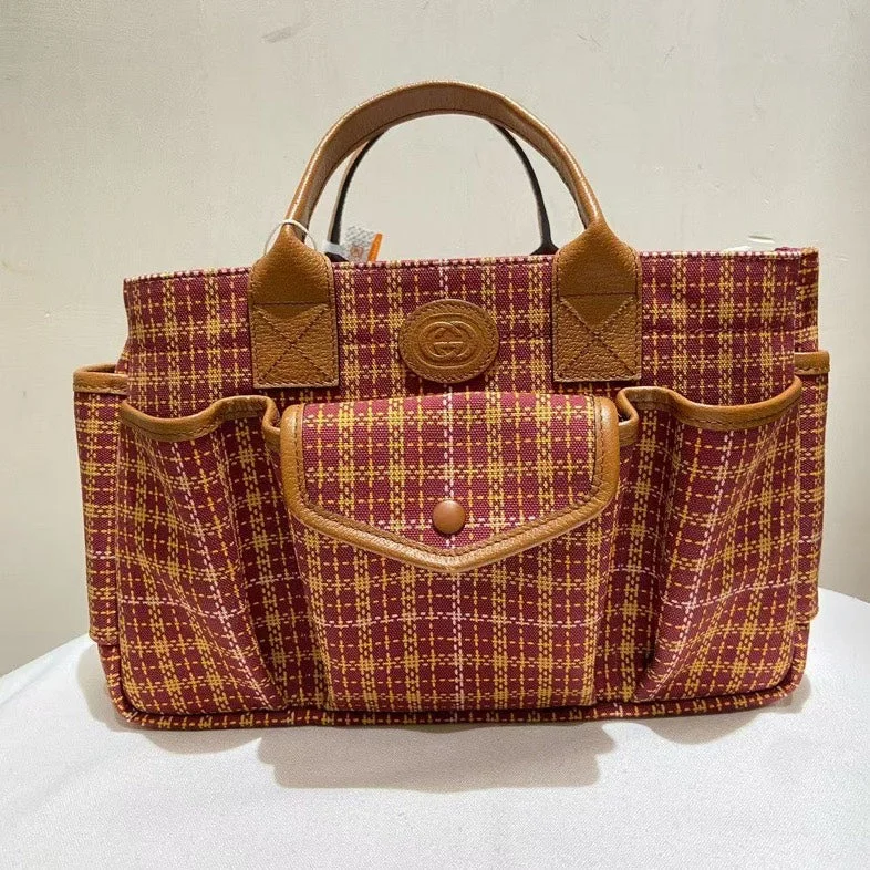 Gucci Beige Red Patterned Canvas Leather Trim Tote Bag Medium