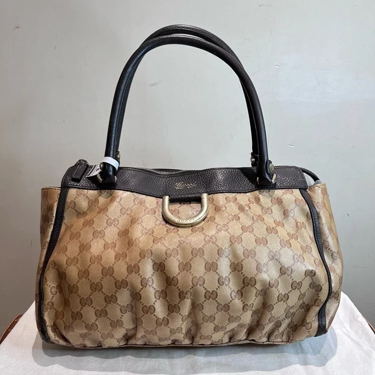 Gucci Beige Ebony GG Coated Canvas Black Leather Handbag Medium