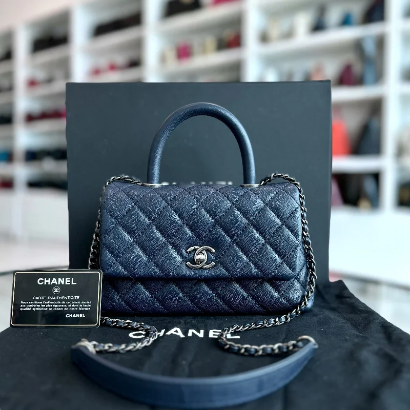 Caviar Small Coco Handle 24cm Quilted Calfskin Dark Navy Blue No 22