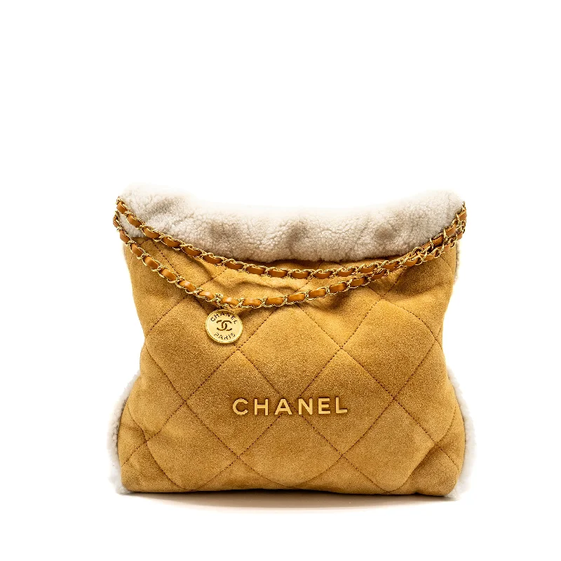 Chanel Medium 22 bag Quilted Shearling Suede Camel GHW (microchip)