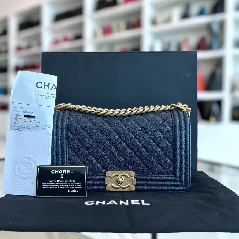 *Receipt, Full Set, Like New, 2019* Chanel Boy Caviar Old Medium 25CM Quilted Leboy Dark Blue GHW No 27