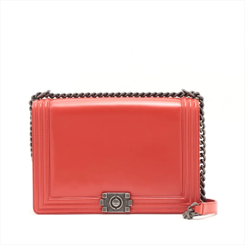 Chanel Boy Chanel Leather Chain Shoulder Bag Red Silver Gold