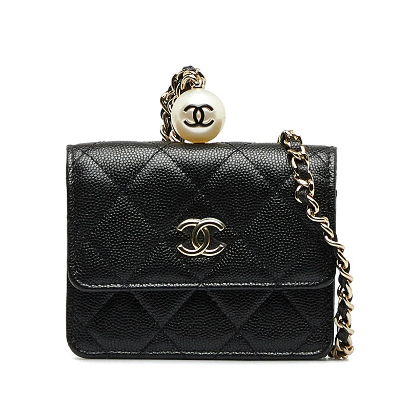 Chanel Matrases Cocomark Fake Pearl Chain CoinPars Card Case Black Caviar   CHANEL