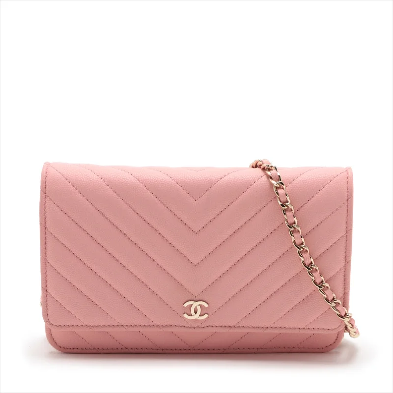 Vintage-inspired handbagsChanel V Stitch Caviar S Chain Wallet Pink Gold