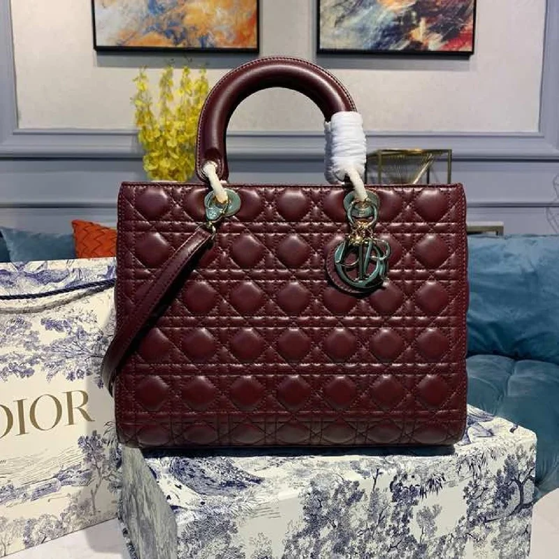 Christian Dior Large Lady Bag Gold Toned Hardware Burgundy Cannage