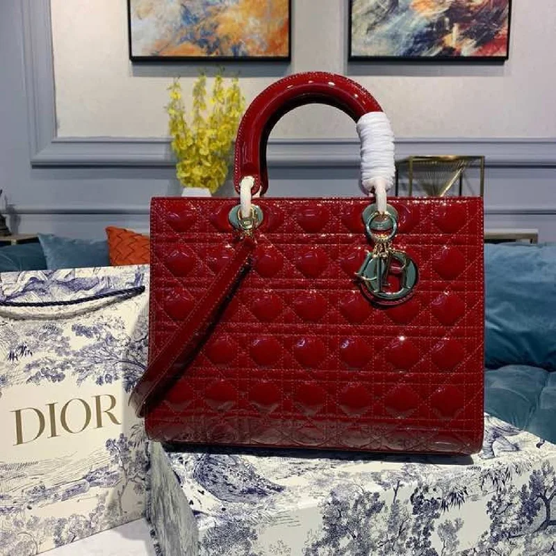 Christian Dior Large Lady Bag Gold Toned Hardware Cherry Red Patent For Women 12.5in/32cm