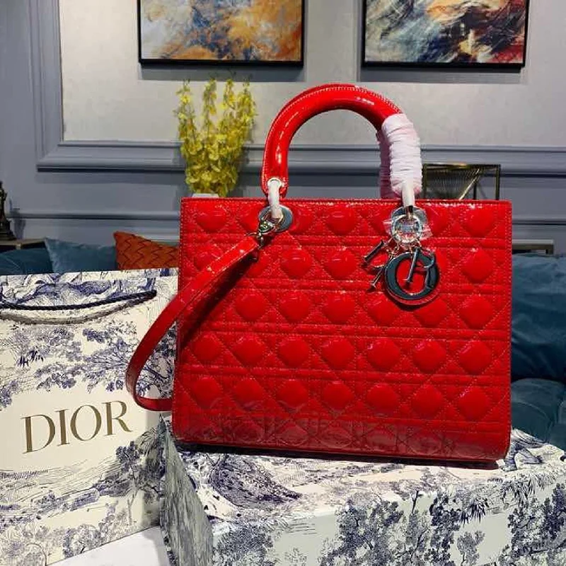 Christian Dior Large Lady Bag Gold Toned Hardware Red Patent For Women 12.5in/32cm