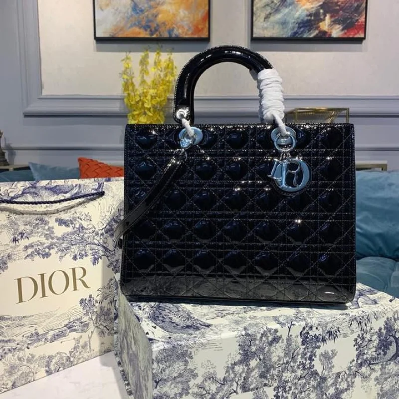 Christian Dior Large Lady Bag Silver Hardware Black Patent