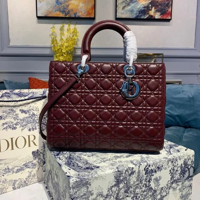 Christian Dior Large Lady Bag Silver Hardware Burgundy Cannage