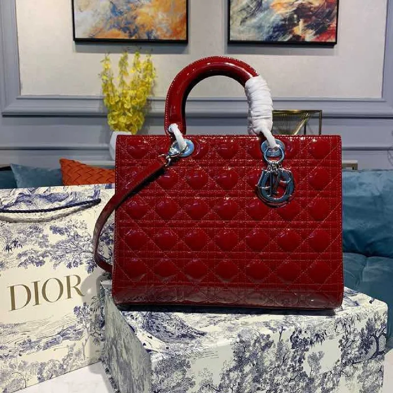 Christian Dior Large Lady Bag Silver Hardware Cherry Red Patent