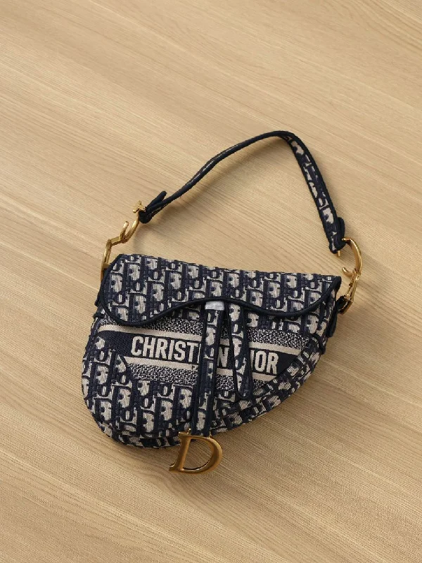 Christian Dior Logo Saddle Bag Oblique Embroidered Canvas Blue/Beige For Women 25cm/10in