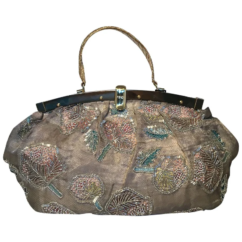 FENDI Sheer Silk Organza Hand Beaded Floral Embroidered Tote